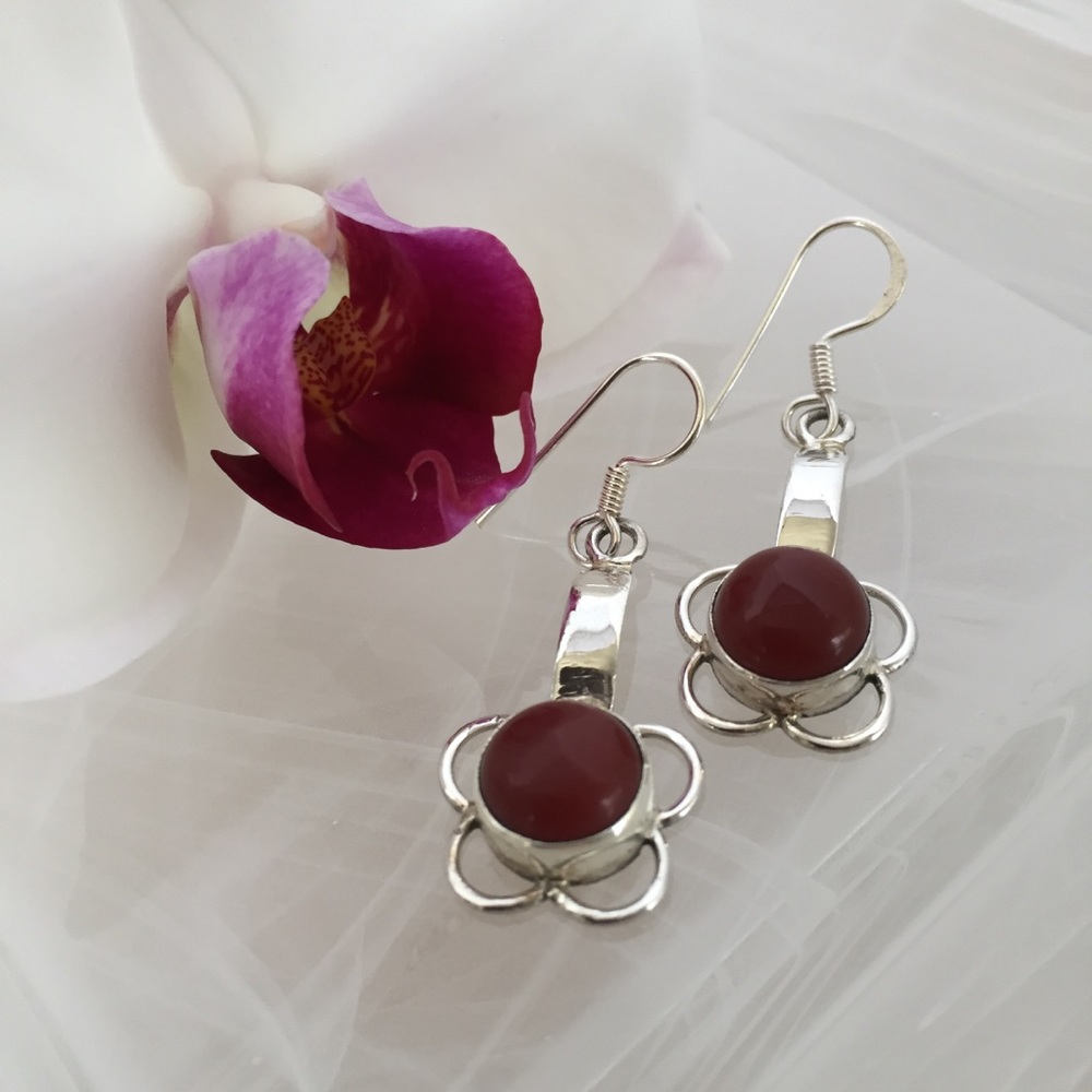 .925 Sterling Silver Earrings Red Carnelian